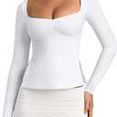 REORIA Womens 2025 Fall Trendy Tops Long Sleeve Shirts for Women Square Neck Going Out Side Slit Tshirts Cute Basic Tee (White, M)