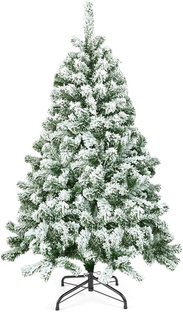 Goplus 4.5FT Snow Flocked Christmas Tree, Artificial Hinged Pine Tree with Premium PVC Needles & Solid Foldable Metal Stand, Unlit Xmas Tree for Home Outdoor Decoration (White)