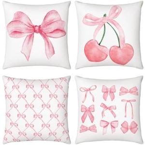 Mixweer 4 Pcs 18 x 18'' Coquette Pillow Covers Pink Bow Pillow Covers Watercolor Aesthetic Room Decoration for Bedroom Livingroom Bedroom Decor