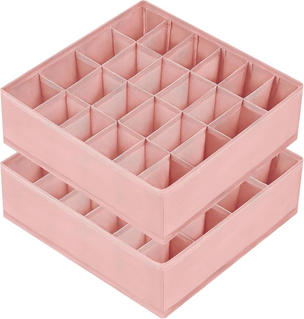 Joyoldelf Sock Organizer Drawer Organizer - 2 Packs Underwear Organizer, 24 Cells Collapsible Closet Organizers and Storage Sock Holders Organizers for Storing Socks, Ties, Belts (Pink)
