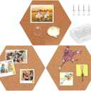 FEBSNOW 3 Pack Self-Adhesive Cork Board Tiles Hexagonal Cork Board Mini Wall Bulletin Board with 50 Multi-Color Push Pins (4 x8 Inch)