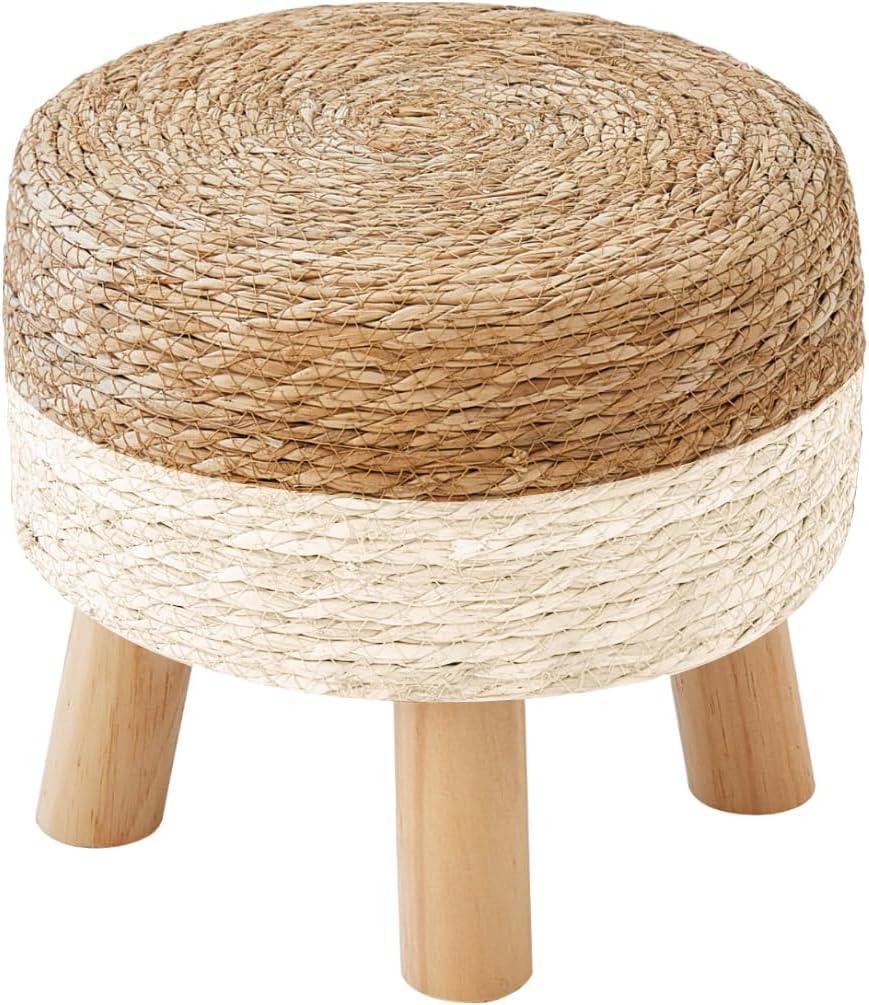 Round Ottoman, Natural Seagrass Footstool with 4 Wood Legs, Multifunctional Modern Dressing Stool and Sofa Side Table for Bedroom (White)