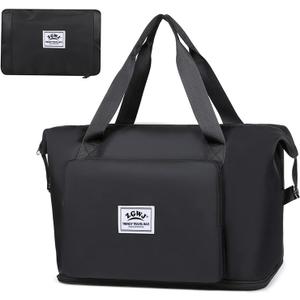 Expandable Travel Duffel Tote Bag - Foldable Overnight Weekender, Carry-On, Swim & Gym Bag - Fits Spirit Airlines Personal Item Size - Lightweight, Waterproof & Durable with Trolley Sleeve,Black (Black04)