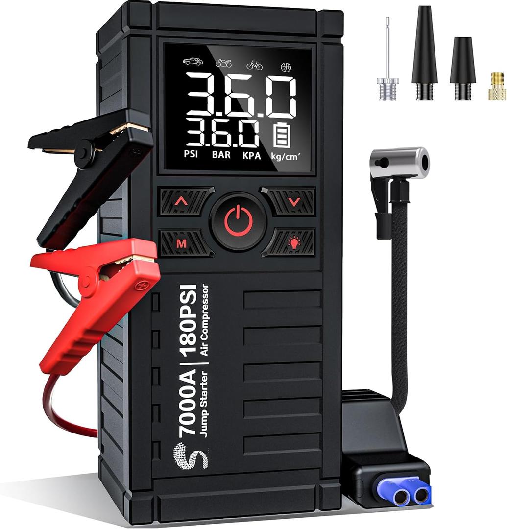 Jump Starter with Air Compressor, 7000A 180PSI Car Battery Jump Starter Jump Box (All Gas/10.0L Diesel), Battery Jumper Starter Portable Jumper Cables, Large LCD Display, LED Light Black