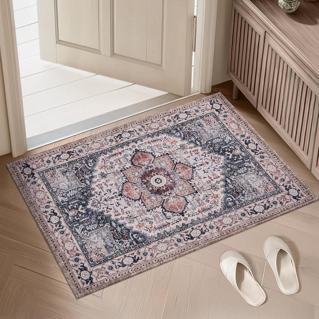 PURRUGS Vintage Farmhouse Boho Throw Rug 2x3 ft, Non-Slip Machine Washable Rug, Accent Oriental Area Rug for Entryway, Kitchen, Bedroom, Living Room and Dining Room, Coral Red/Marine Blue