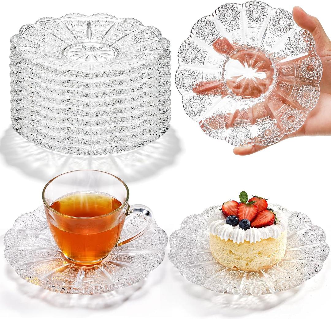 ZEAYEA 10 Pack 5.5 Inch Clear Glass Plates, Small Decorative Dessert Plates for Salad, Fruit, Cake, Snack, Appetizer, Small Meals, Sunflower Pattern Glass Tea Saucer for Teacup