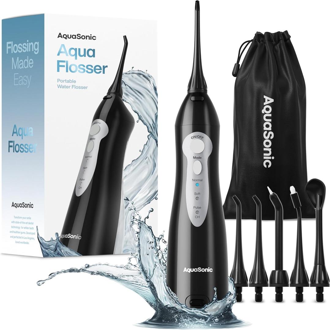 AquaSonic Aqua Flosser - Cordless Rechargeable Water Flosser for Teeth - Waterproof, Portable Oral Irrigator for Dental Cleaning with 5 Jet Tips  Braces Home Travel (Black)