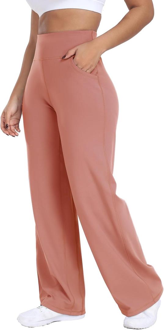 ESOFT Wide Leg Pants Women High-Waisted Yoga Work Dress Pants with Pockets, Casual Sweatpants, Petite/Regular (Pink, XL)