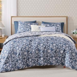 BLOOMHAVEN Queen Comforter Set -7 Pieces Floral Oxford Blue Comforter Set for All Seasons, Bed in a Bag Queen with Botanical Flowers Comforter, Sheets, Pillowcases & Shams, Oxford Blue, Queen
