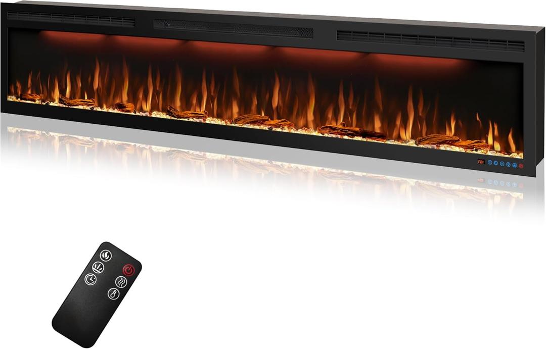 88 inches Electric Fireplace, Recessed and Wall Mounted Fireplace Heater and Linear Fireplace Inserts, with Timer, Remote Control, Adjustable Flame & Light Colors, 750W/1500W, Black