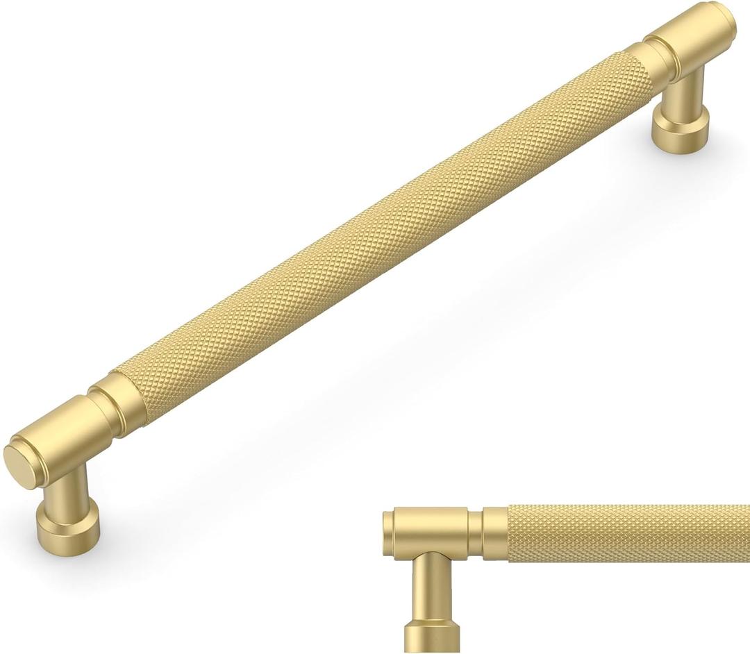 Amerdeco 10 Pack Brushed Gold knurled Cabinet Pulls 7.5 Inch(192mm) Hole Center Drawer Pulls Cabinet Hardware Kitchen Cabinet Handles for Bathroom ZH0072