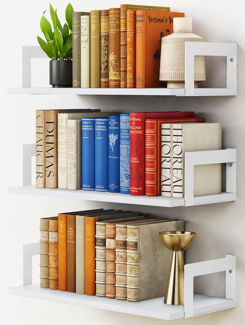 White Wall Bookshelf for Kids Room, Small Floating Book Shelf for Teen Girls Boys Bedroom, 8 Inch Deep Wall Mounted Bookshelves for Office Living Room Bathroom Decor (3-Pack)