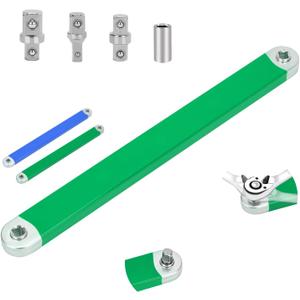Offset Extension Wrench Set, 15-Inch Impact-Ready Tool with 1/4", 3/8", and 1/2" Square Drive Adapters Plus 1/4'' Drive Socket, Zero Degree Ratchet for Tight Spaces and Automotive Use (Green)