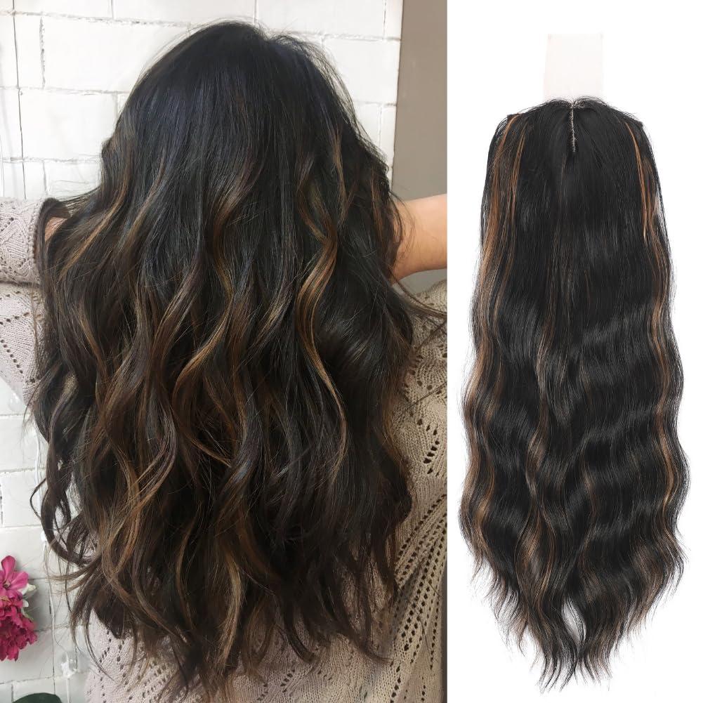 Mekylio Hair Toppers for Women, 20 Inch Long Curly Wavy Hair Topper 360 3D(6.5x6.5in) Perfect Solution for Stylish Upgrade (Black with Brown Highlights)