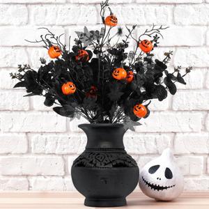 12 Pcs Halloween Decorations Artificial Flowers with Pumpkins, Maple Leaf Floral Stems Black Eucalyptus Halloween Centerpiece for Tables Vase Fillers Gothic Party Ornaments and Picks