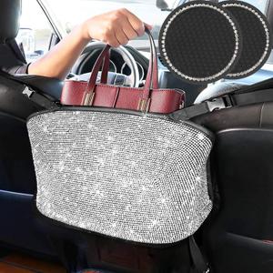 3 Pack Bling Car Mesh Organizer,Seat Back Net Bag,Barrier of Backseat Pet Kids,Cargo Tissue Purse Holder,Driver Storage Netting Pouch with 2PCS Crystal Diamonds Cup Holder (silver)