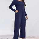 Womens Casual Jumpsuits One Piece Loose Stretchy Long Sleeve Fall Jumpsuit Wide Leg Long Pants Rompers with Pockets (Blue, M)