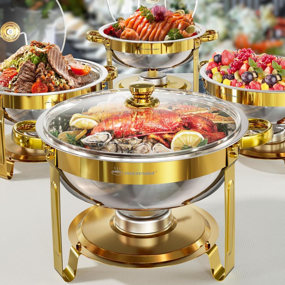 Chafing Dish Buffet Set 4 Pack, 5QT Gold Round Chafing Dishes for Buffet, High Grade Chafers and Buffet Warmers Sets with Glass Lid, Rolled-Edge Food Warmers for Parties, Weddings, Catering Chafing Dish Buffet Set 4 Pack, 5QT Gold Round Chafing Dishes for Buffet, High Grade Chafers and Buffet Warmers Sets with Glass Lid, Rolled-Edge Food Warmers for Parties, Weddings, Catering
