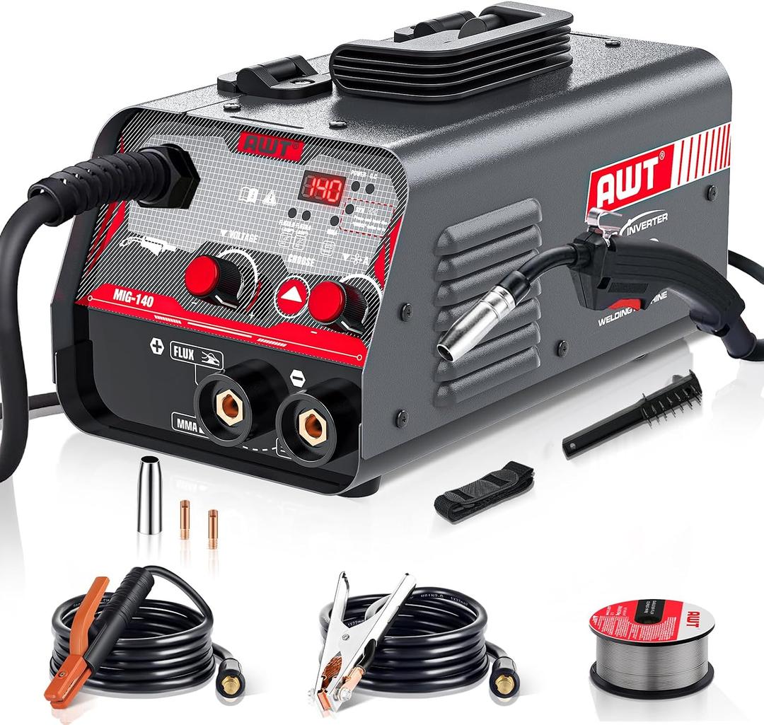 AWT MIG Welder 140Amp, Flux Core MIG Welder/Stick 2 in 1 Welding Machine, Welder Machine 110V With Synergy IGBT Inverter, Portable Gasless Welder Equipment, Small
