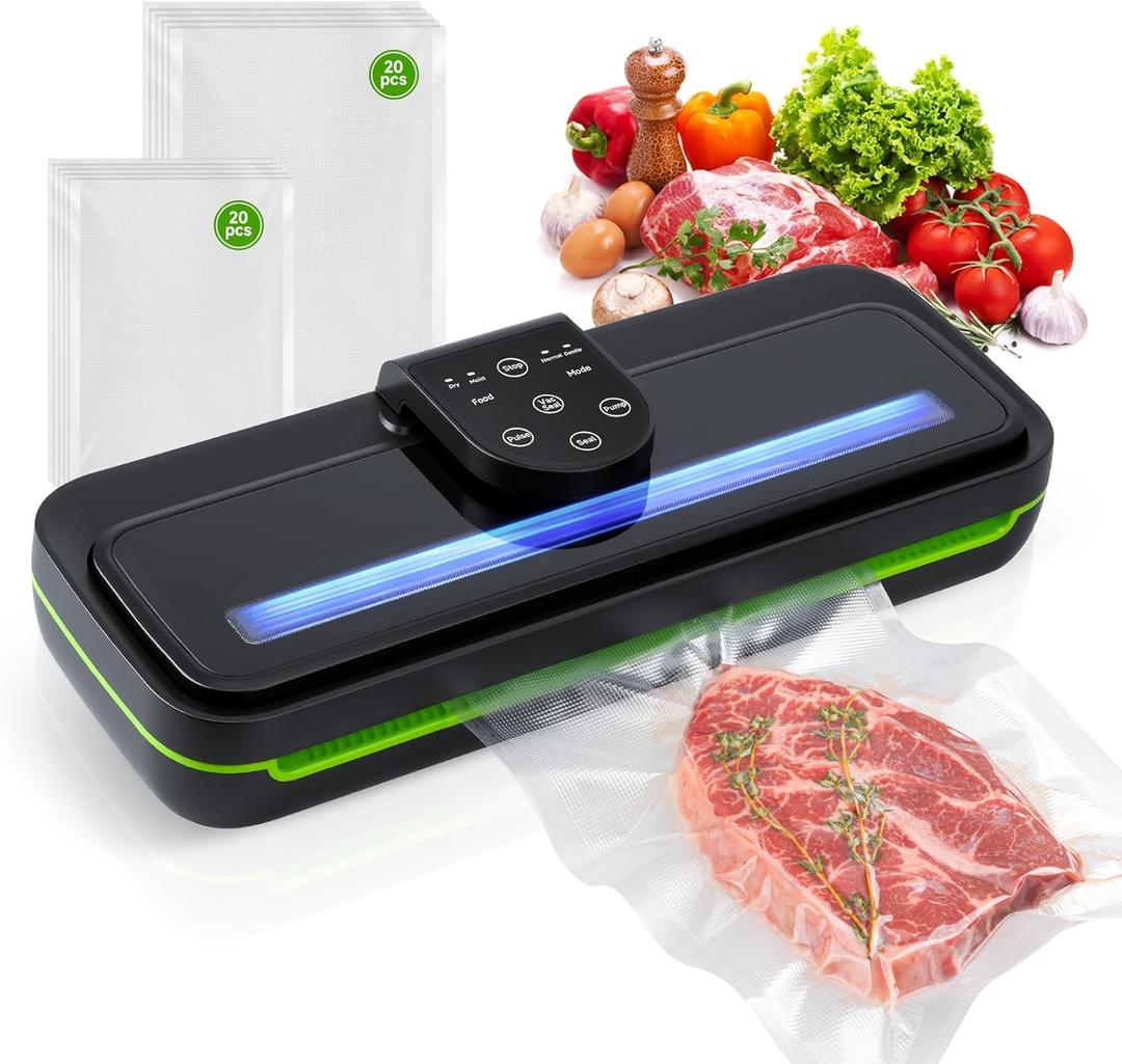 [Updated 2025] Vixino Vacuum Sealer, Tempered Glass Panel/Viewing Window/Touch Control/Automatic Lift Chamber Design, 95Kpa 8-in-1 Multifunctional Vacuum Sealer for Food, 40 Bags and Accessory Tubing