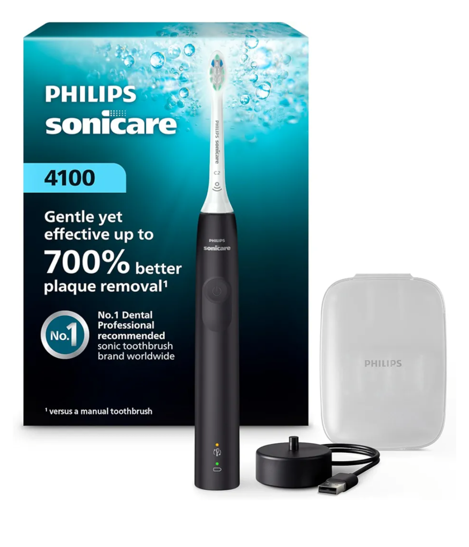 Philips Sonicare 4100 Rechargeable Electric Toothbrush, Advanced Plaque Removal, Pressure Sensor, Includes Brush Head Case, Black BD5003AZ