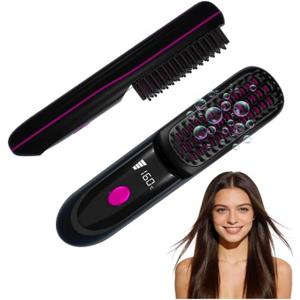Go Brush Pro 2026 for Short Hair, Portable Straightener Brushes for Travel, with LCD Temperature Display, Fast Heating Cordless Mini Hair Brushes (Black)