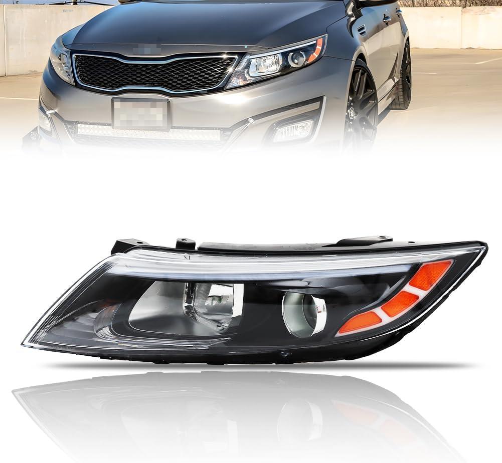 Left Headlight Assembly for 2014-2015 Ki-a Optima, [8-Pin & 10-Pin Plug Universal Fit] Driver Side Halogen Headlamp with Blubs Clear Lens Black Housing Amber Reflector, 1 PC