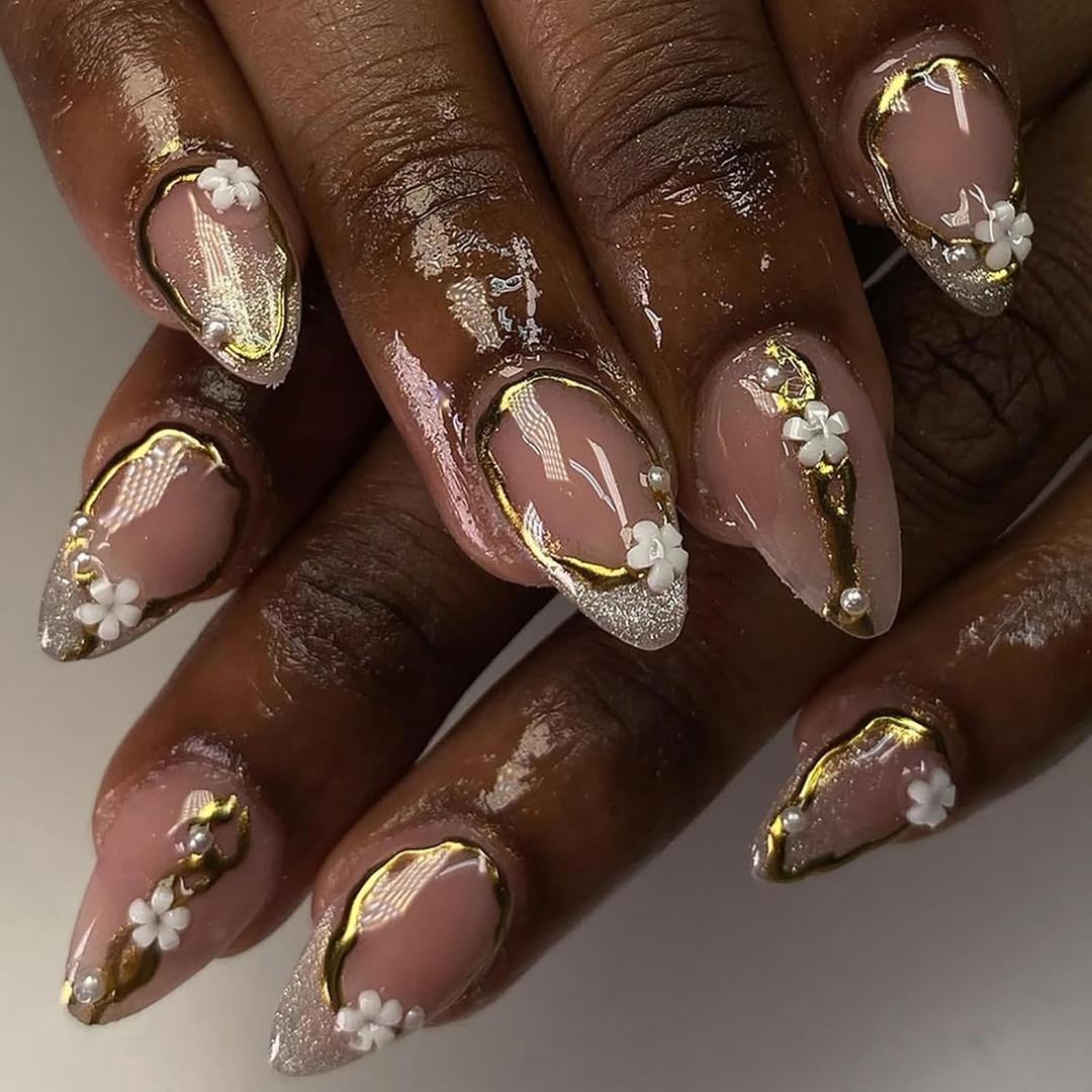 30Pcs Glitter French Tip Press on Nails Almond Short Fake Nails with 3D Flower Pearl Design Glossy Full Cover False Nails Artificial Almond Nails Press ons Holiday Flower Stick on Nail for Women