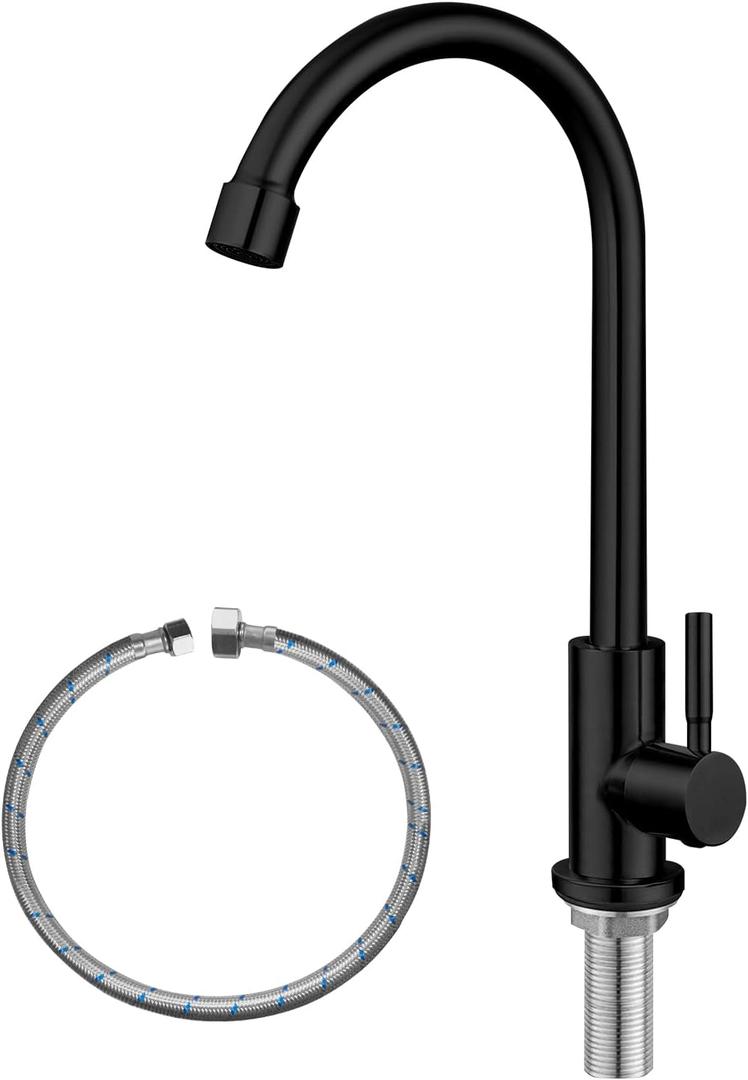 Cold Water Only Faucet, SUS304 Stainless Steel, Matte Black, Single Handle, Single Hole, Arc Gooseneck, Kitchen Sink