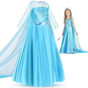 Princess Elsa Costume for Girls, Princess Cstume for Toddler Birthday Party Dress Up with Accessories Crown (3T/100, Blue)