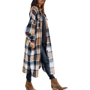 SKIKYAN Women Fall Flannel Plaid Shacket Jacket Oversized Button Down Long Shirt Jacket (Small, Brown)