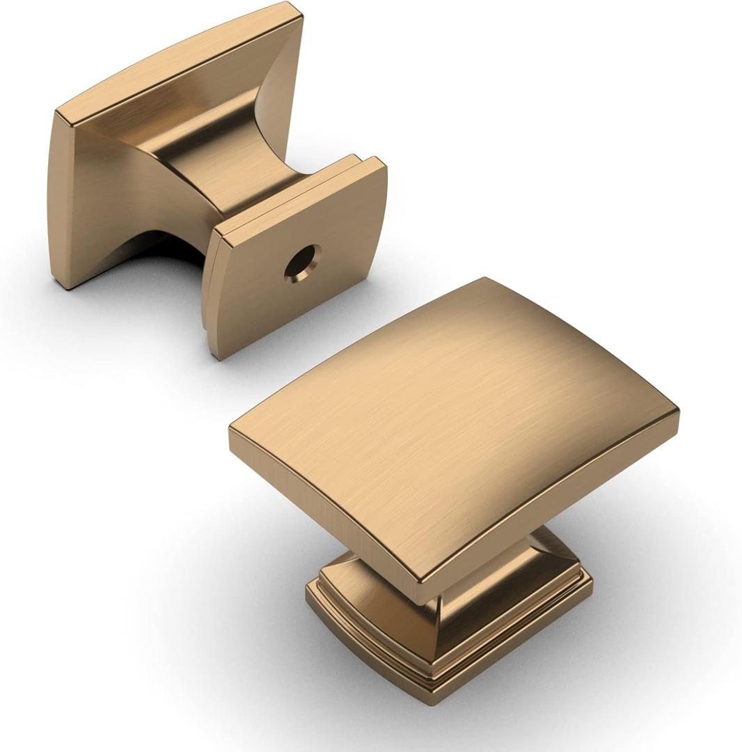 Amerdeco 10 Pack Champagne Bronze Cabinet Pulls & Knobs - 1-1/8 Inch Single Hole Square Drawer Pulls for Bathroom Cabinets ZH0011