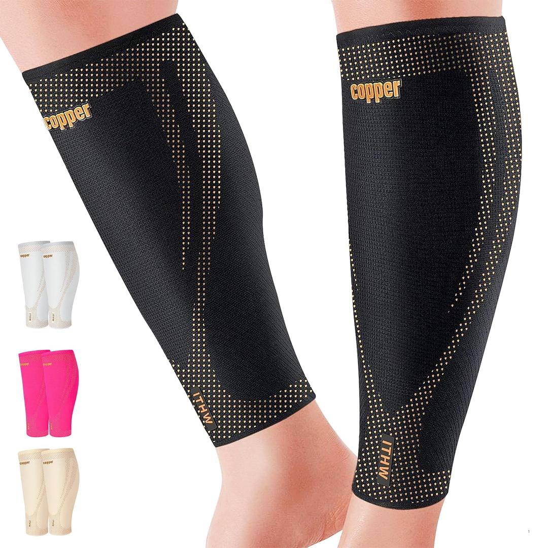 Copper Calf Compression Sleeves for Men & Women - High Stretch Graduated Compression with Anti-Slip Grip | Breathable & Smooth Lining Footless Design for Runners, Shin Splints, Leg Fatigue & Travel (1 Pair) (Small, Black)