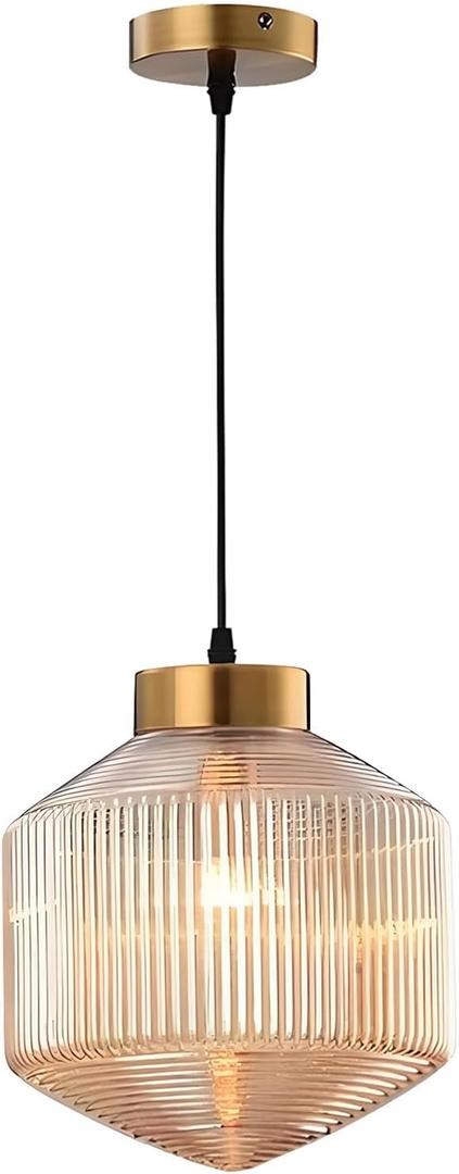 9.8 x 11.8Amber Glass Pendant Lights with Brass Base, Vintage Stripe Ceiling Hanging Lamp, Adjustable Height Lighting Fixture for Kitchen Island Dining Room Bar(Amber)