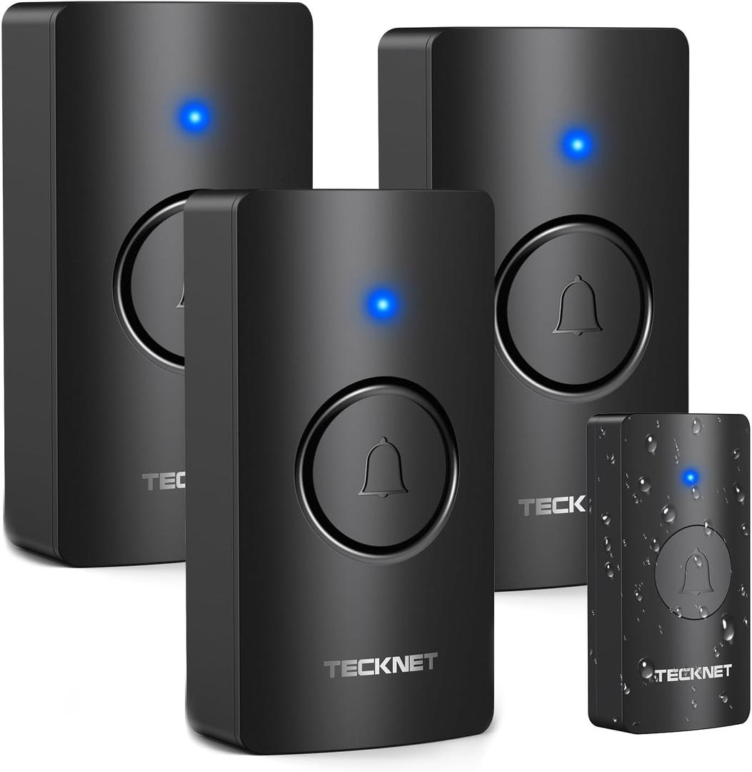 TECKNET Wireless Doorbell, Battery-Powered & Portable, 1312FT Range, IP67, 1 Transmitter+ 3 Receivers