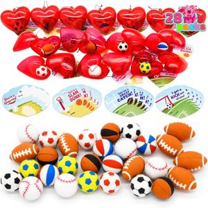 JOYIN 28 PCS Valentine Day Cards for Kids, Sports Balls Erasers Filled Hearts and Valentines Cards Gifts for Kids Classroom Exchange Prizes