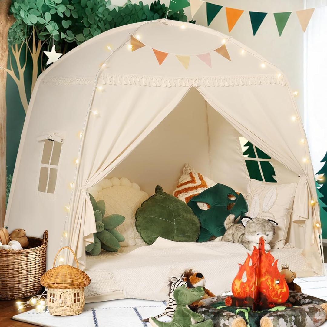 Sumbababy Large Teepee Tent for Kids: with Star Lights & Flags - Tent for Kids Indoor Kids Teepee for Boys & Girls - Playhouse Inside Canopy Bed for Playroom Gift Toys (Cream)