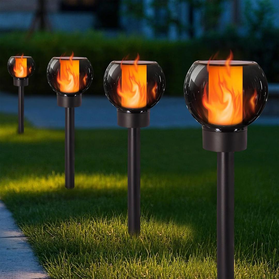 Dynaming 4 Pack Solar Torch Lights Outdoor, Flickering Flame Halloween Pathway Solar Globe Lights, Auto On/Off Garden Decorative Light, Waterproof for Landscape Lawn Patio Yard Walkway Deck Driveway