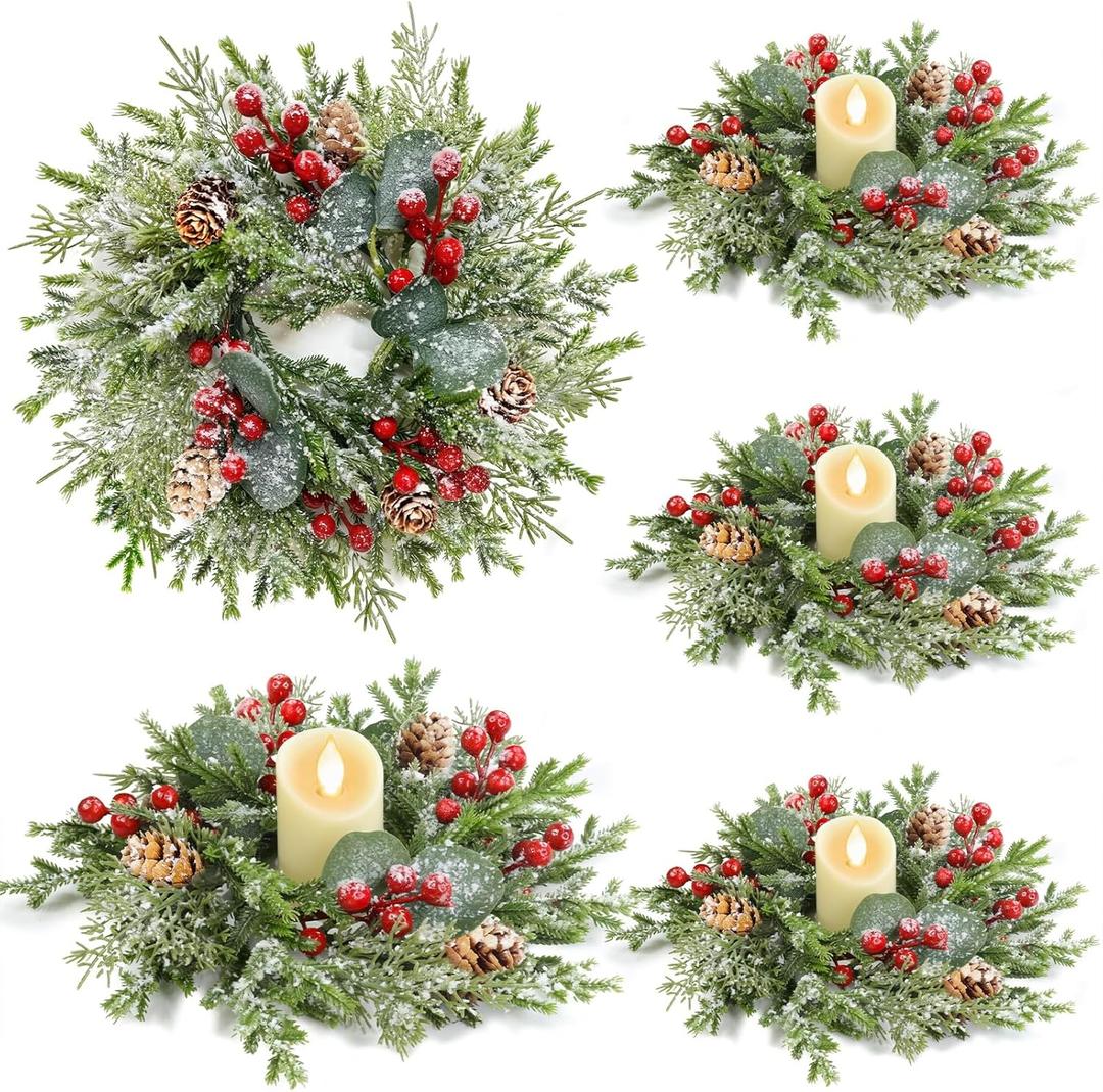4Pcs Flocked Christmas Candle Rings Mini Christmas Wreaths, 10"x3.5" Perfect PE Small Christmas Wreath Snowy Pinecone&Red Berry Cedar Eucalyptus Cypress Wreath Candle Holders Table Centerpiece Decor