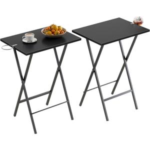 VECELO Folding TV Tray for Eating Set of 2, Portable Dinner/Snack Table with Cup Holder for Couch, Living Room and Small Space, Black