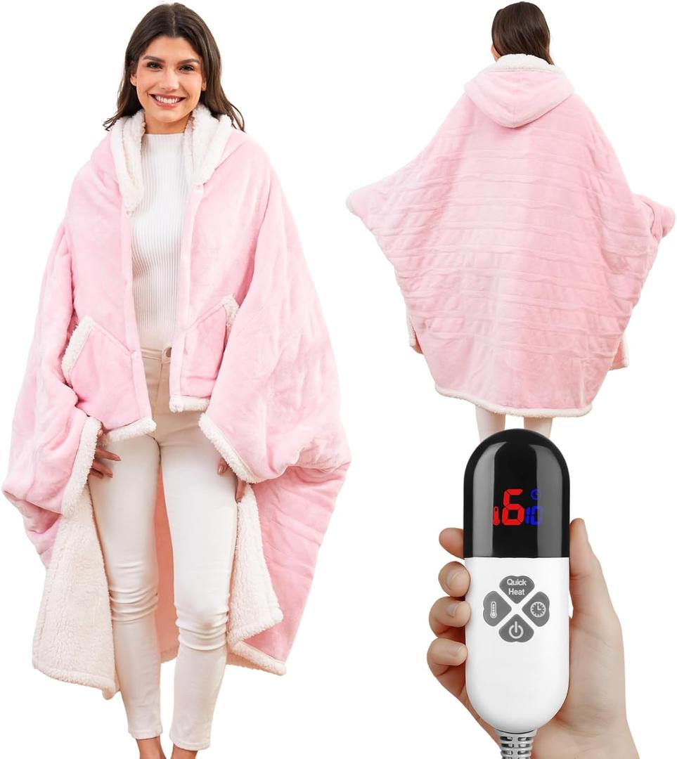 Klaggie Heated Shawl Wraps for Women, Wearable Heated Throw Blanket, Electric Heated Wrap Poncho with Pockets,6 Heating Levels 4 Hours Auto-Off, Overheat Protection Machine Washable, 50x64, Pink