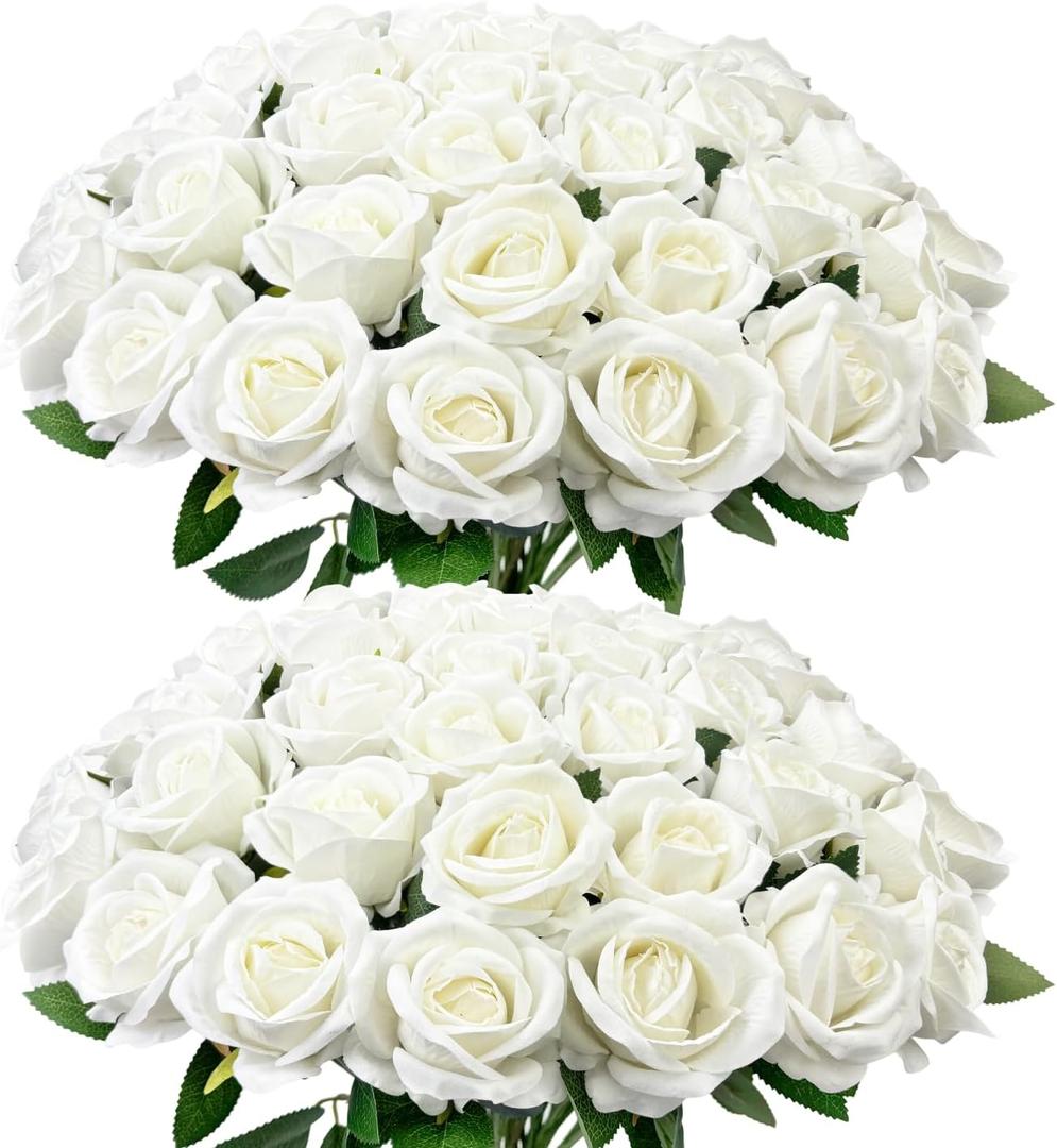 Wondrus Bulk Artificial Flowers 50 PCS, Fake Velvet Silk White Roses with Long Stems Realistic Bouquet for Wedding Centerpieces, Faux Arrangement for Home Table Decor