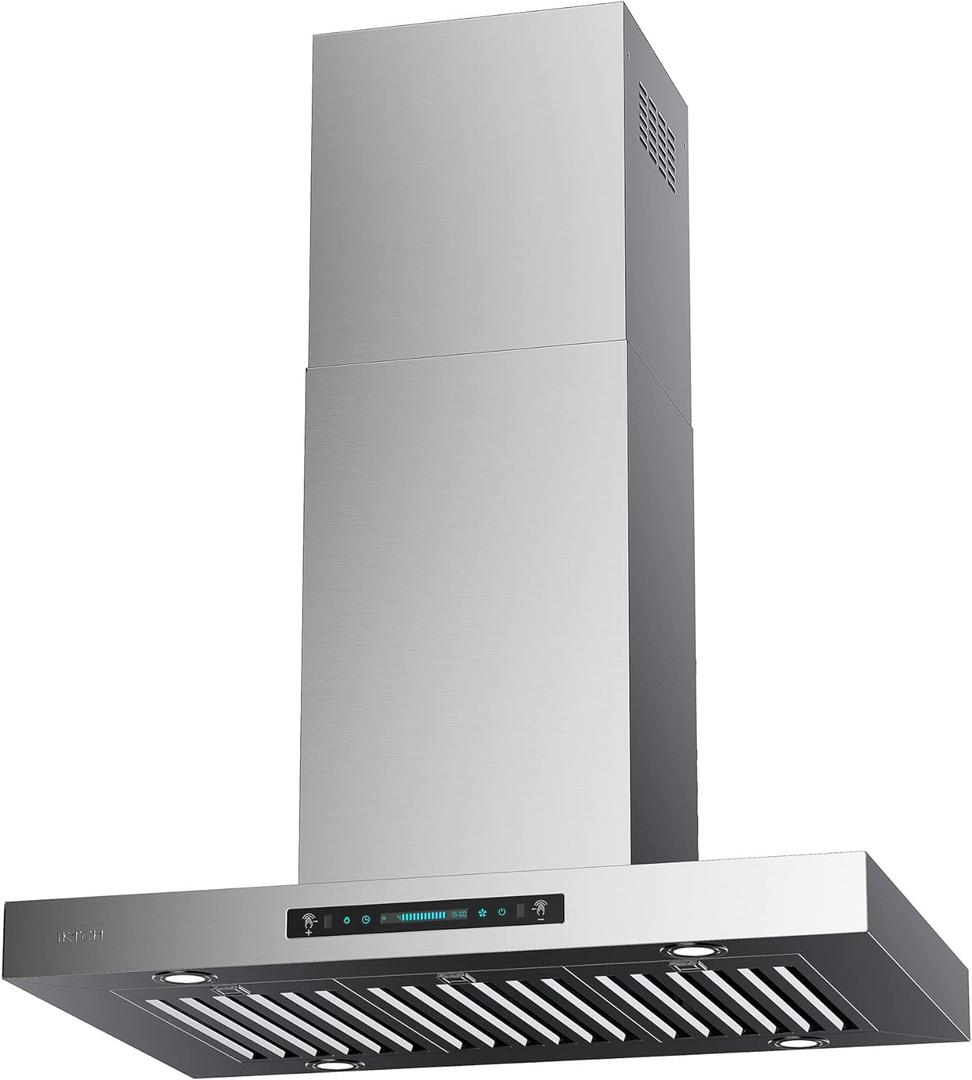 IKTCH Upgrated 42 inch Island Mount Range Hood, 900 CFM Ducted Range Hood with 4 Speed Fan, Stainless Steel with Gesture Sensing & Touch Control Making life Smarter IKIS02-42