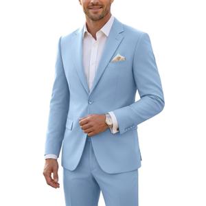 JPF Men's 2 Piece Slim Fit Suit Set, Two Button Solid Jacket Pants with Tie Suits for Men (Blue, M)