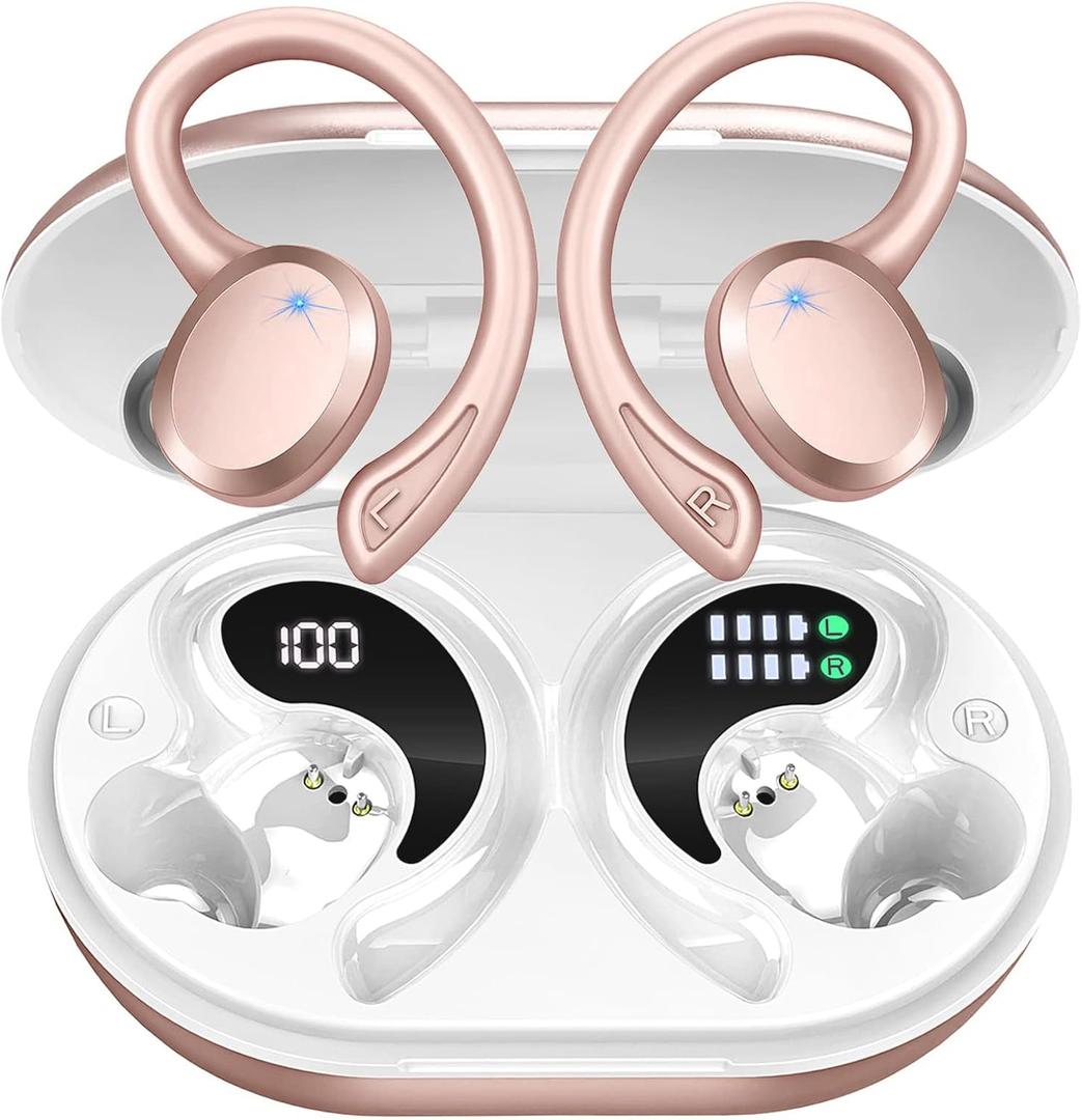 Wireless Earbuds Bluetooth Headphones Sport, Bluetooth 5.3 Earbud 3D HiFi Stereo Over Ear Buds, 48H Noise Cancelling Mic Wireless Earphone with Earhooks, IP7 Waterproof Headset for Workout/Running/Gym (800 mAh) Pink
