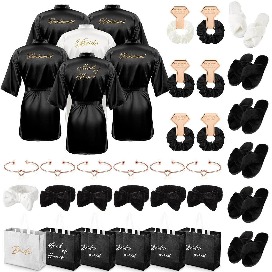 36 Pcs Bride Bridesmaid Robes Set of 6 Bridal Party Silk Satin Robes for Wedding Bachelorette Party Gifts(White,Black)