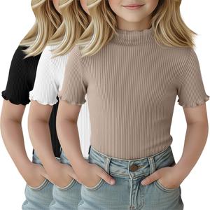 LessonZoo 3 Pack Girls Shirts Short Sleeve Mock Turtleneck Cotton Cute Lettuce Trim Summer Tops 5-14Y Kids Clothes(Black, White, Khaki,11-12 Years)
