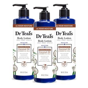 Dr Teal's 24 Hour Moisture+ body Lotion, Coconut Oil & Essential Oils, 18 fl oz (Pack of 3) BBD: -8-25-25