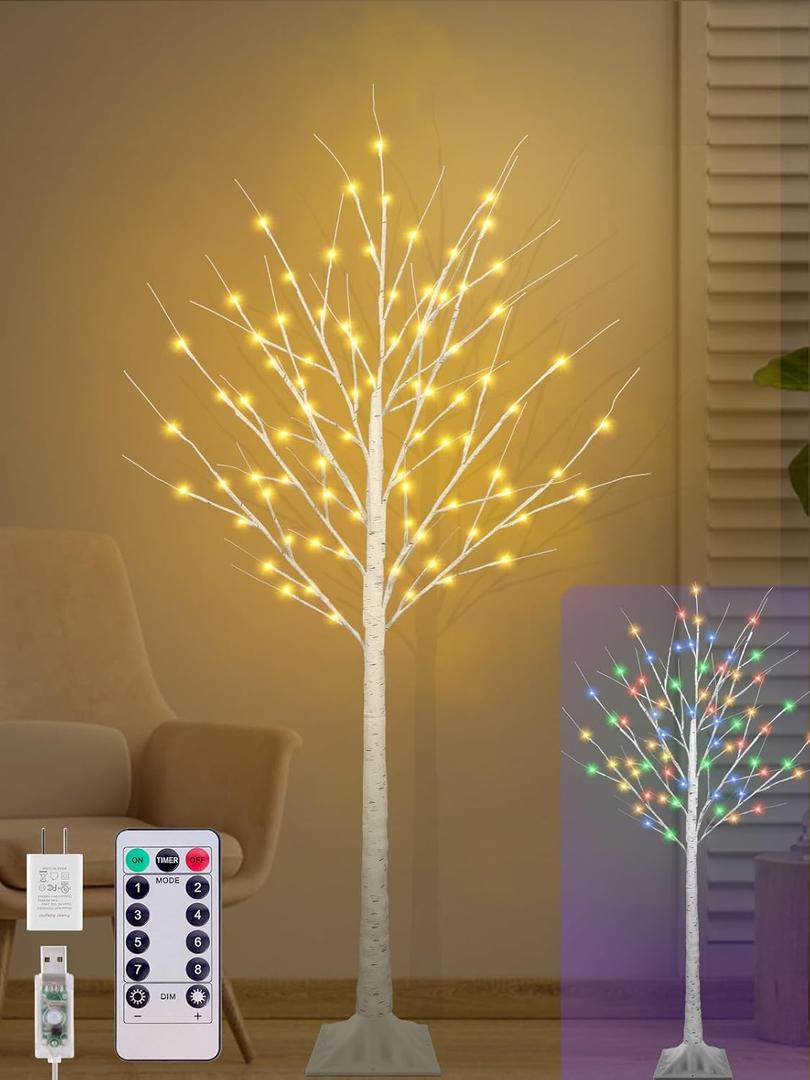 5FT Lighted Birch Tree with 90 LED Warm White and Multicolor Lights, 8 Modes, Timer Remote Faux Prelit Twig Christmas Tree with Lights for Indoor Outdoor Xmas Holiday Party Decoration