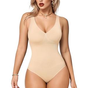 Nebility Shapewear Bodysuit for Women - Tummy Control Body Suits V Neck Body Shaper Sculpting Snatched Waist Trainer (S, Beige)